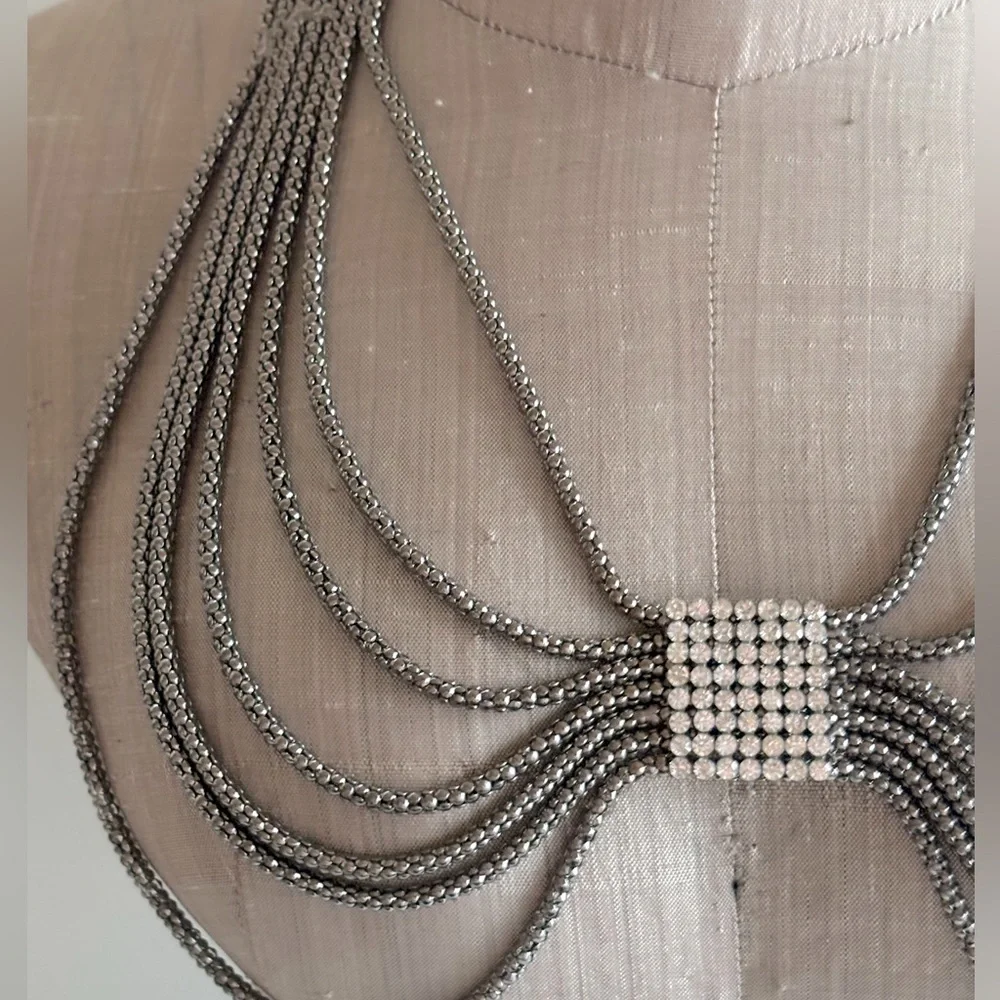 Dark Silver Tone Mesh Layered Swag Chest Chain Statement Necklace with‎ Crystal